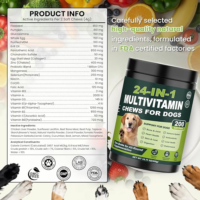 24-in-1 Dog Multivitamins Chewable, 200 Count Dog Vitamins and Supplements with Glucosamine Chondroitin Probiotics Omega-3 for Skin Coat Hip Joint Heart Liver Brain Eye Support - Chicken