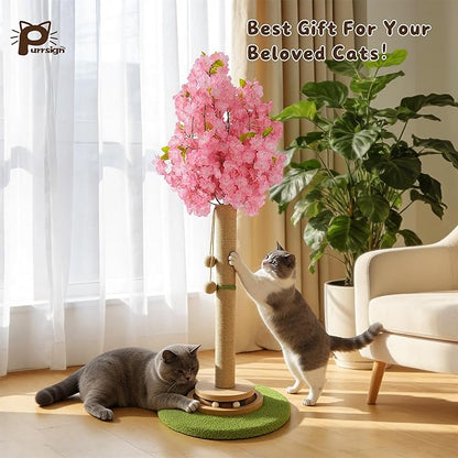 Cherry Blossom Cat Scratching Post, 36" Tall Natural Sisal Sturdy Base Tower with Interactive Trackball Toy for Indoor Kittens & Large Felines, Japanese Aesthetic Floral Furniture Decor
