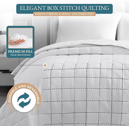 Casa Platino Full Size Blanket – Quilted & Reversible Microfiber Bedding, Lightweight Down Alternative Fill, Pre-Washed for Soft Comfort – Ticking Stripe Silver