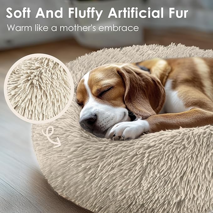 Hoewina Dog & Cat Bed, 20in Cat Beds for Indoor Cats, Calming Donut Bed for Puppy and Kitten, Washable Round Fluffy Pet Bed for Small Medium Dogs and Cats (Light Brown)