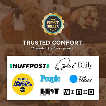 Bedsure Calming Dog Bed Medium Large Size Dogs - Donut Washable Large Pet Bed, 33 inches Anti-Slip Round Fluffy Plush Faux Fur Dog Bed, Camel