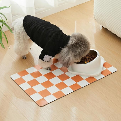 Ralxion Checkered Dog Feeding Mat, Absorbent Mats for Dog Food and Water Bowl, Dispenser, Aesthetic Orange Checkerboard Pet Placemat for Dogs, Cats, Puppy Accessories (Orange, 12 x 19)