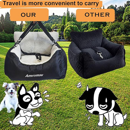 Small Dogs Car Seat,Fully Detachable and Washable Ultra Soft Car Travel Bed, with Clip-on,Two Portable Handle and Storage Pockets Puppy Dog Booster Seats,Portable DogCar Travel Carrier Bed
