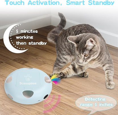 Cat Toys, Rechargeable Interactive Cat Toy, Smart Sensor Pop-Up Feather Toy with 7 Holes, USB Powered Automatic Kitten Toy for Indoor Cats, Blue