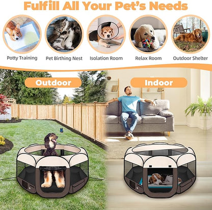 Dog Playpen 45", HOMAGICO Pet Playpen for Indoor Cats Enclosed, Portable Dog Cage Outdoor Tent Crate with Carrying Case, Water-Resistant and Removable Shade Cover,Brown