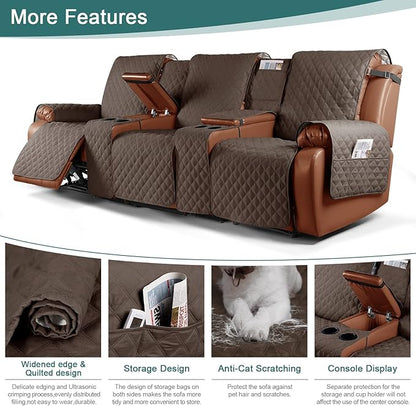 Ruaozz Waterproof Recliner Sofa Cover with Console Non-Slip Couch Covers for Reclining Couches Pet Cover for Double Recliner Sofa Cover with Elastic Straps for Kid Dogs Pets (Brown, 3 Seater)