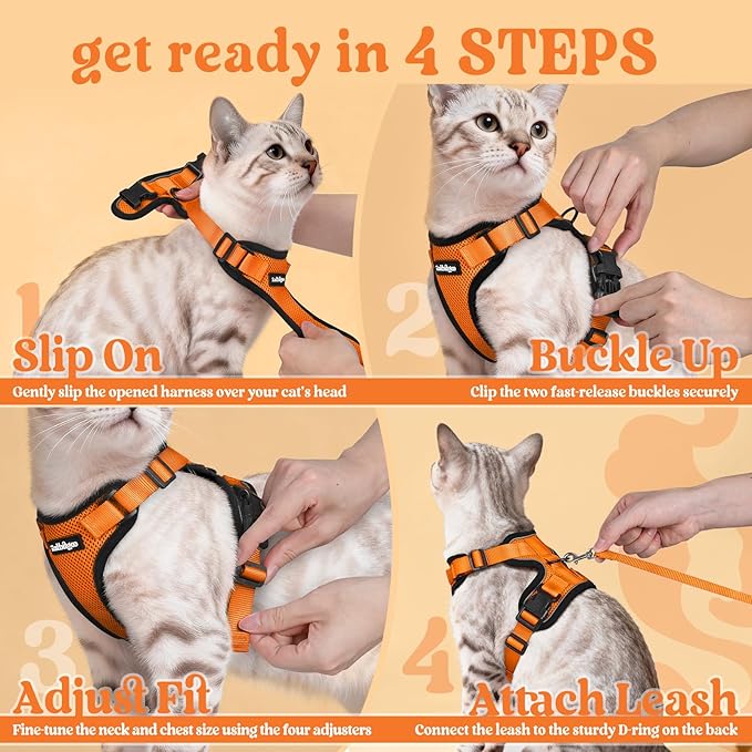 rabbitgoo Cat Harness and Leash for Walking, Escape Proof Soft Adjustable Vest Harnesses for Cats, Easy Control Breathable Reflective Strips Jacket, Orange, M