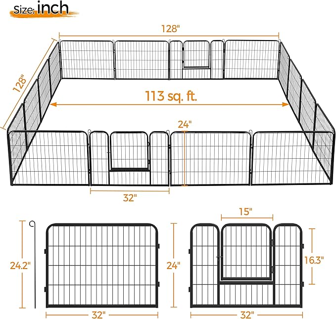 Topeakmart 24-inch Foldable Dog Pen Metal Pet Playpen Puppy Cat Exercise Fence Barrier Playpen Kennel Outdoor Indoor Black 16 Panels