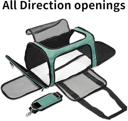 Soft-Sided Cat/Dog/Pet Carrier, Collapsible Pets Travel Carriers for Big Cats/Small Dogs with Shoulder Strap & Removable Mat, Mesh Puppy Carry Bag, Up to 16 Lbs, TSA Airline Approved(Turquoise)