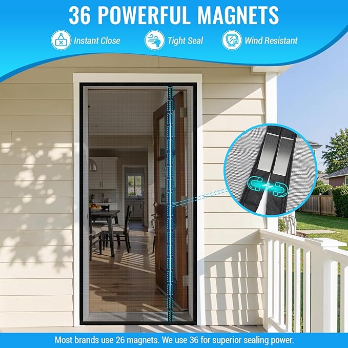 Magnetic Closure Screen Door, Reversible Mesh Door Screen Fits 36" x 82" Door, Heavy-Duty Magnetic Mesh Curtain for Sliding Door and French Door, Self-Sealing, Portable Patio Screen (38" x 83")