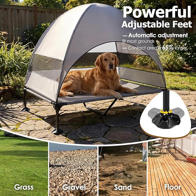 Elevated Dog Bed with UV-Proof Canopy, Outdoor Dog Tent with Powerful Adjustable Feet, Portable Pet Cot with Wider Shade, Raised Cooling Bed for Camping, Patio, Beach, Poolside