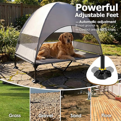 Elevated Dog Bed with UV-Proof Canopy, Outdoor Dog Tent with Powerful Adjustable Feet, Portable Pet Cot with Wider Shade, Raised Cooling Bed for Camping, Patio, Beach, Poolside