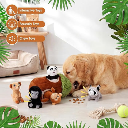 Skylety 7 Pieces Hide and Seek Dog Toys Activity Puppy Chew Squeaky Toys Plush Stuffing Burrow Woodland Stuffing with Squeakers for Small Medium Pets Dogs Puppy Gift(Funny,Small)