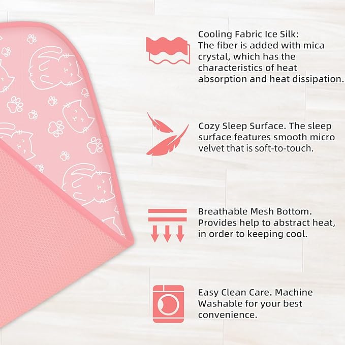 NWK Pet Cooling Mat -Q-Max>0.345 Ice Silk Cooling Mat for Dogs & Cats Portable & Washable Pet Cooling Blanket, Car Seats, Beds for Summer (Pink Cat, 20'' X 16'' X 0.3'')