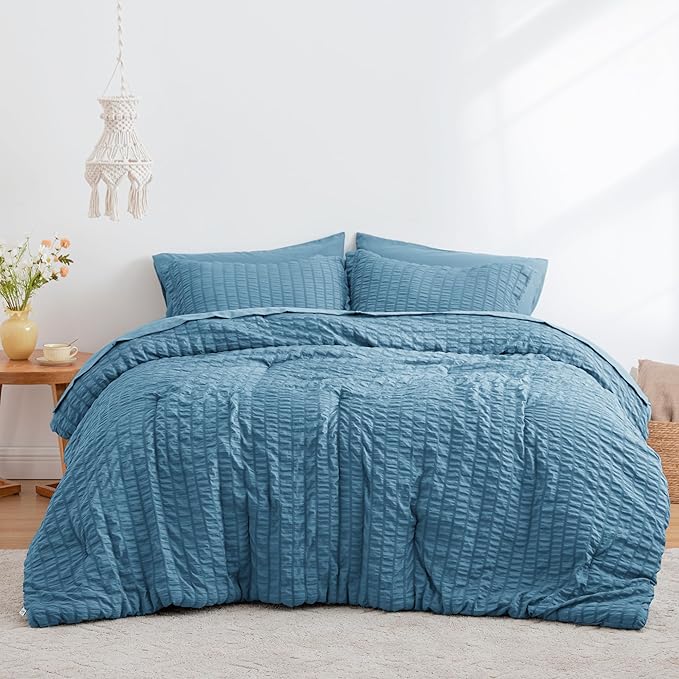 Love's cabin Seersucker Misty Blue Twin Comforter Set, 5-Piece All Season Lightweight Bed in a Bag Bedding Set with Comforter, Flat Sheet, Fitted Sheet, Pillowcase and Sham | Soft, Breathable, Lightweight