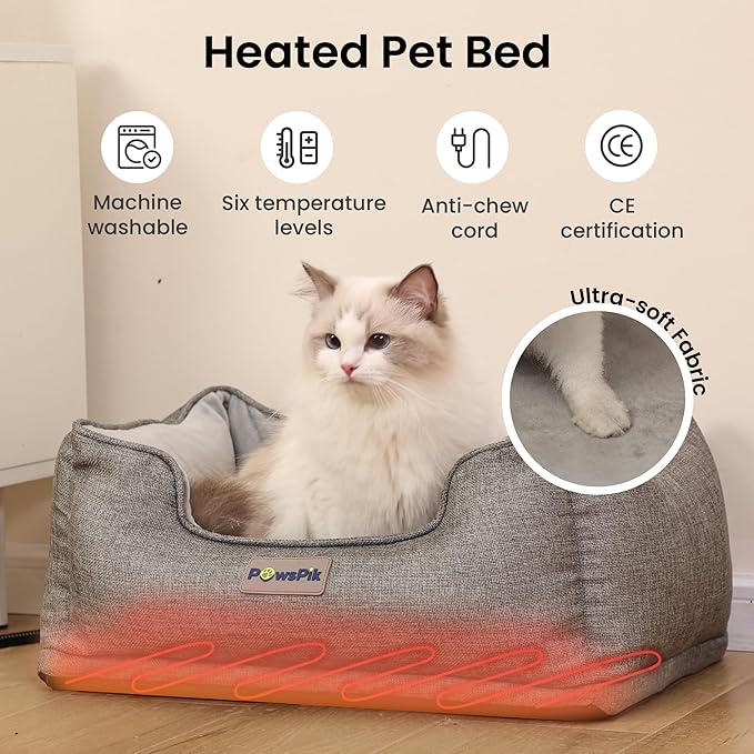 PAWSPIK Heated Cat Bed, Heated Dog Bed for Pets Indoor, Electric Pet Bed Warmer for Cats and Dogs (Ash Gray)