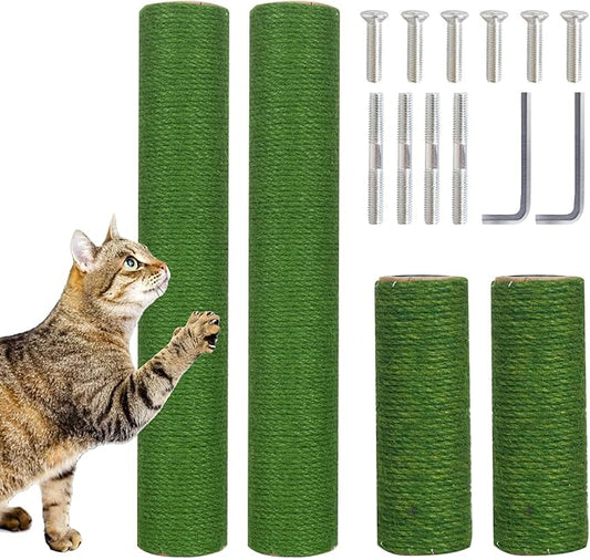 Barelove Cat Scratching Post Replacement, 4 Pieces Cat Scratcher Cat Tree Replacement Parts, 15.4'' x 2.67" Dia + 7.87“ x 2.67" DiaNatural Sisal Rope Cat Scratch Posts Include M8 Screws, Green