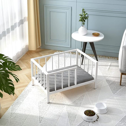 OSCHF Dog Bed with Rails - Elevated Pet Metal Bed Frame with Solid Wood Board and Washable Soft Mat for Small Dog Indoor or Outdoor Use, 21.3" x 30 ", White