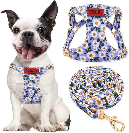 No Pull Dog Harness Adjustable Small Dog Harness and Leash Set, Lightweight and Soft Dog Harness No Choke Escape Proof Pet Harness Vest (Purple Daisy, Medium)