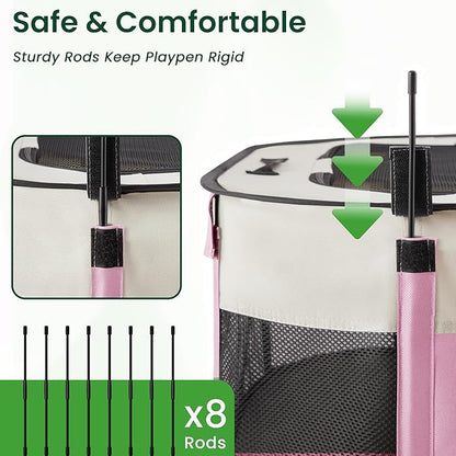 Love's cabin Pet Puppy Dog Playpen, Medium Dog Tent Crates Cage Indoor/Outdoor, Portable Exercise Playpen for Cat, Foldable Pop Up Dog Kennel Playpen with Carring Case (M, Light Pink)