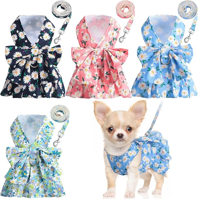 Sanwuta 4 Pack Harness Dog Dress Bowknot Leash Set Floral Princess Dog Harness Dress Vest with Leash Pet Doggy Outfits for Outdoor Walking, 4 Colors(Small)