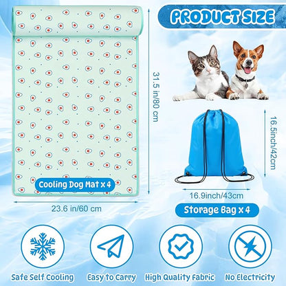DoubleFill 4 Pack Cooling Dog Mats with Supportive Pillow 23.6" x 31.5" Self Cooling Dog Pads Ice Silk Washable Pet Cool Mat Summer Cat Sleeping Pad with Storage Bag for Crate Bed Floor (Large, Green)