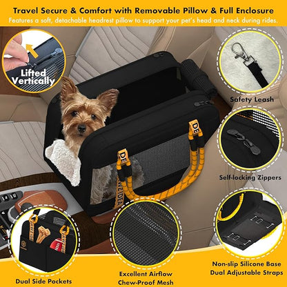 PAWZIDEA Center Console Dog Car Seat, Enclosed Small Dog Armrest Booster Carseat, Secure Straps &Anti Slip, Portable TSA Approved Puppy Pet Carrier Soft-Sided, Removable Pillow Storage Pocket, up 12lb
