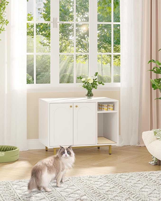 Hzuaneri Cat Litter Box Enclosure Enclosed, Hidden Litter Box Cabinet Furniture with Storage, Wooden Indoor Cat House Large, Modern End Table for Living Room Entryway, White and Gold 01503GCLB