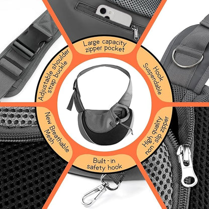 YUDODO Pet Sling Carrier for 10-15 lbs Small Dogs & Cats – Hands-Free Puppy Carrier with Safety Hook, Large Zipper Pocket, Soft Breathable Mesh, Adjustable Strap & Reflective Strip (Black 1.0 L)