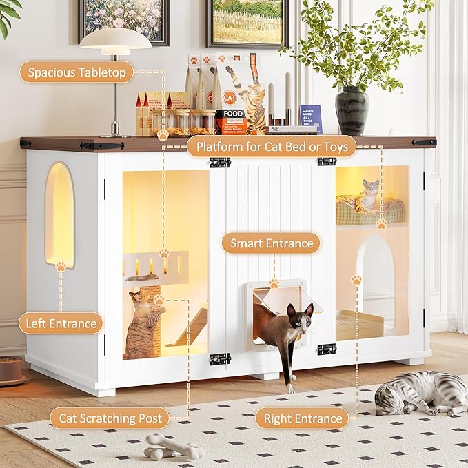 LUMISOL Indoor Cat House with LED Light, Large Cat Litter Box Enclosure with Stairs and Cat Scratching Post, Hidden Litter Box Cabinet Furniture, Side Table with Smart Doors for Living Room, White
