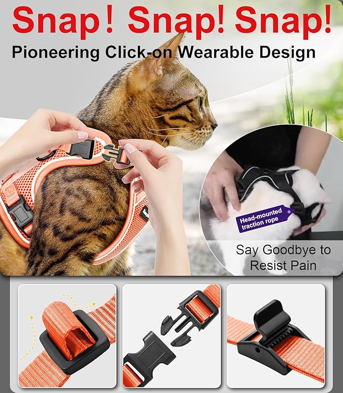Cat Harness and Leash for Walking Escape Proof Soft Adjustable Cat Leash Breathable Comfortable Vest Easy to Wear Kitten Harness for Outdoor Travel (Orange, M (13-18lb))