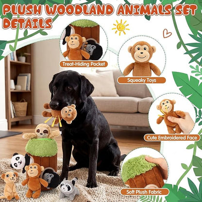 Skylety 7 Pieces Hide and Seek Dog Toys Activity Puppy Chew Squeaky Toys Plush Stuffing Burrow Woodland Stuffing with Squeakers for Small Medium Pets Dogs Puppy Gift(Funny,Small)