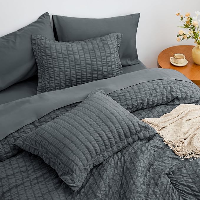 Love's cabin Seersucker Charcoal Grey King Size Comforter Set, 7-Piece All Season Lightweight Bed in a Bag Bedding Set with Comforter, Flat Sheet, Fitted Sheet, Pillowcases and Shams | Soft, Breathable, Lightweight