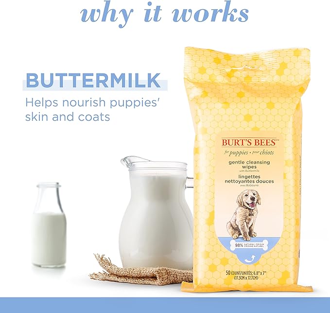 Burt's Bees for Pets Gentle Cleansing Puppy Wipes with Buttermilk, 98% Natural Origin Formulas, Hypoallergenic Dog Cleaning Wipes for Paws and Butt, 100 Count - 6 Pack