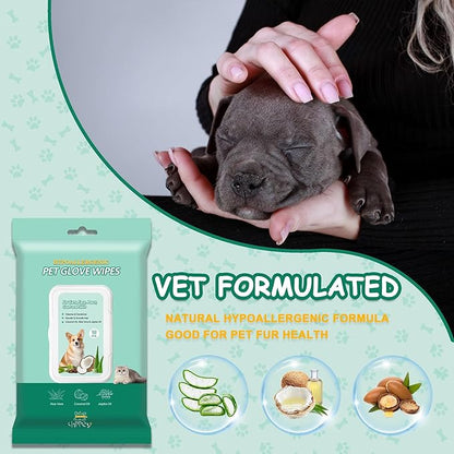 40 PCS Pet Cleaning and Deodorizing Bathing Grooming Glove Wipes for Dogs and Cats, Extra Thick Nourish Fur No-Rinse Grooming Wipes for Daily Care and Travel, Hypoallergenic