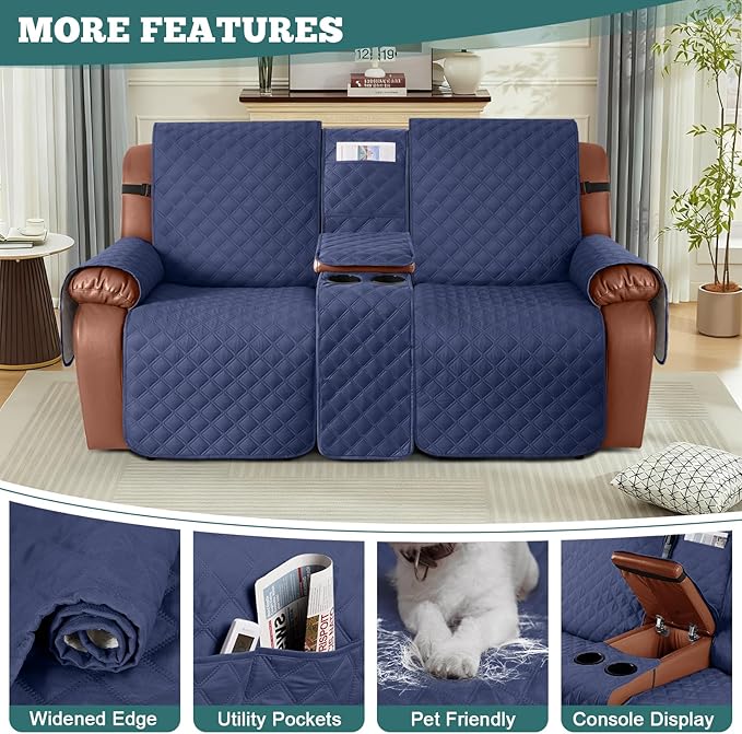 Ruaozz Waterproof Loveseat Recliner Cover with Console Non-Slip Reclining Couch Covers Split Sofa Slipcovers with Elastic Straps Furniture Protector for Kids, Dogs, Pets (Ocean Blue, 2 Seater)