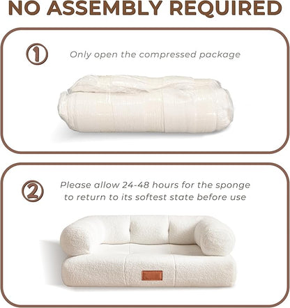 White Faux Shearling Dog Couch Bed for Large Dogs Under 70 lbs, 33.9 Inch Modern Tufted Elevated Dog Sofa with Leather Nameplate, Indoor Furniture Style Cute Raised Pet Sofa Bed (Large)