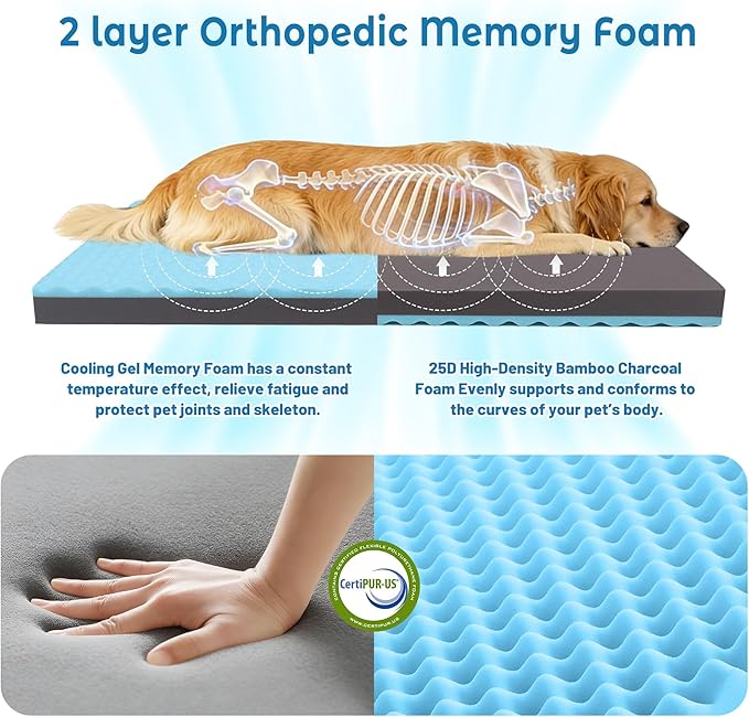 Cooling Dog Bed for Large Dogs, Orthopedic Memory Foam Pet Bed for Crate with Removable Washable Cover,Ideal for Arthritic Dogs (Cooling Fabric, Large-35"x 22" x 3")