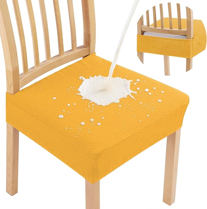 Smiry Waterproof Seat Covers for Dining Room Chairs Set of 8, Stretch Jacquard Removable Washable Chair Seat Slipcovers Protector, No Rear Covers, Mustard Yellow