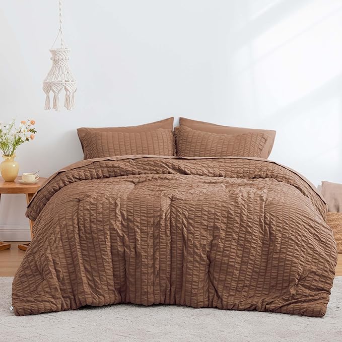 Love's cabin Seersucker Mocha Mousse Twin XL Comforter Set, 5-Piece All Season Lightweight Bed in a Bag Bedding Set with Comforter, Flat Sheet, Fitted Sheet, Pillowcase and Sham | Soft, Breathable, Lightweight