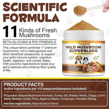 Mushroom Powder for Dogs & Cats, Natural Pet Supplement Mushroom Powder Support Immune, Heart, Brain & Liver with Turkey Tail, Reishi, Lion's Mane for Cellular Protection, Bacon Flavor - 4.23 oz(120g)