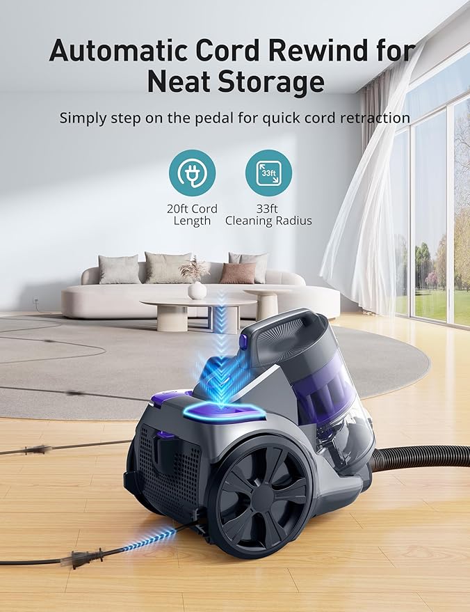 Aspiron 1700W Canister Vacuum Cleaner, 45Kpa Bagless Vacuum Cleaner, Multi-Cyclonic Filtration, 2 Anti-Allergen HEPA Filters, 3.5QT Dust Cup, 4 Tools, Corded Vacuum for Hard Floor, Pet Hair, Wisteria