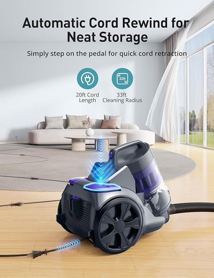Aspiron 1700W Canister Vacuum Cleaner, 45Kpa Bagless Vacuum Cleaner, Multi-Cyclonic Filtration, 2 Anti-Allergen HEPA Filters, 3.5QT Dust Cup, 4 Tools, Corded Vacuum for Hard Floor, Pet Hair, Wisteria