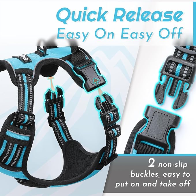 Eagloo Dog Harness Large Breed, No Pull Service Vest with Reflective Strips and Control Handle, Adjustable and Comfortable for Easy Walking, No Choke Pet Harness with 2 Metal Rings, Sky Blue, XL