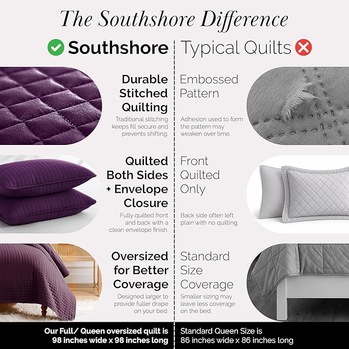 Southshore Fine Living, Inc. Quilts, Queen Size/Full Size Quilt Bedding Set, Stain & Pet Hair Resistant Bedding, Coverlet Queen Size/Full Size Lightweight Bedspread with 2 Pillow Shams, Purple