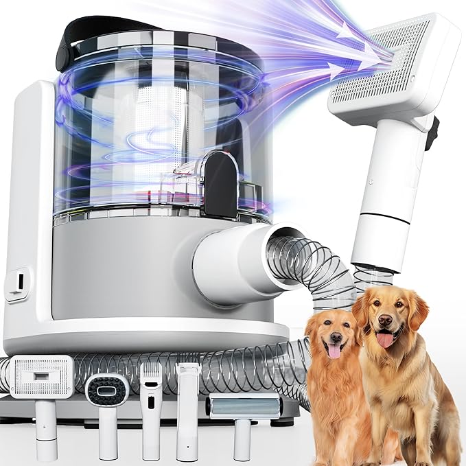FOTING 5-in-1 Dog Grooming Vacuum, 12000Pa Dog Clippers & Shedding Brush Grooming Cleaning Tools Pet Grooming Vacuum, 2 Suction Levels Shedding Pet Hair Home Cleaning, White