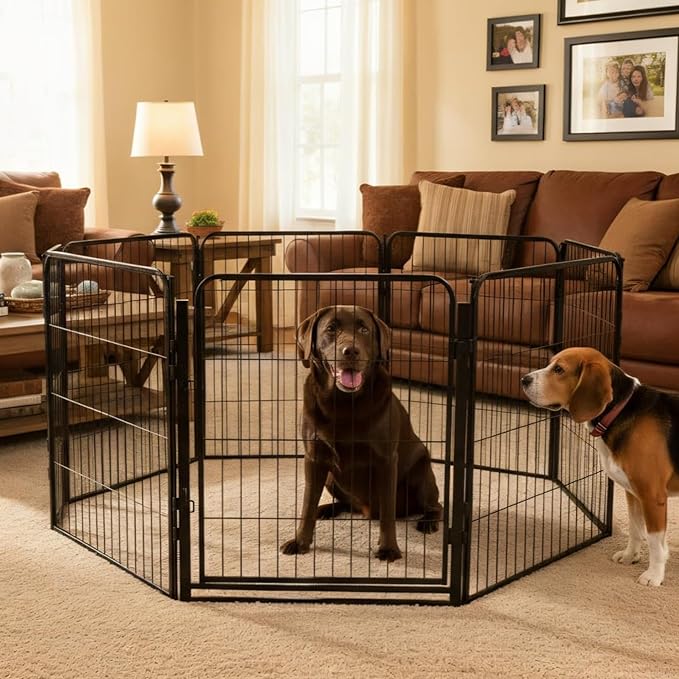 Dog Playpen - 24 inch, 8 Panel Portable Black Metal Pet Play Pen for Small Dogs and Puppies - Indoor/Outdoor Kennel Cage | Anti-Rust Tool Free Setup for Home, Yard, RV, or Camping