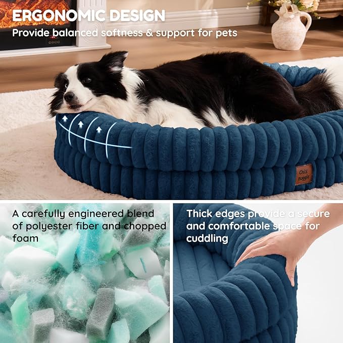 ChiXnuggle XL Dog Bed - Luxury Striped Faux Fur Waterproof Pet Couch with Removable Washable Cover, Orthopedic Dog Bed with Bolster Sides for Sleeping, Midnight Blue