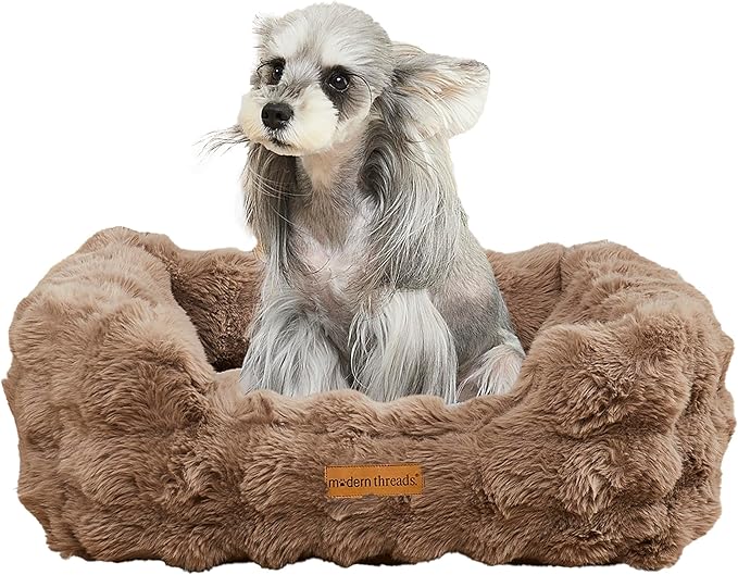 Modern Threads Brushed Long Pile Rabbit Fur Cuddler Dog Bed, Bolstered Supportive Sides, Calming Nest Design, Removable Washable Cover, Bed for Small to Medium Dogs, Chocolate, (24"L x 20"W x 8"Th)