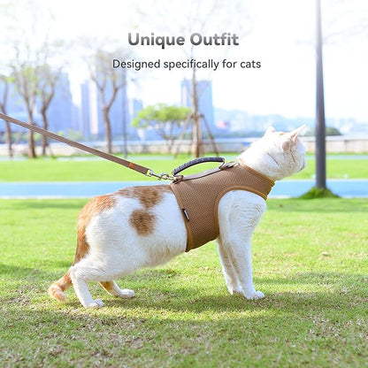 Kitty Harness and Leash for Walking Escape Proof Breathable Mesh Fabric, Solid Brown, Small, Adjustable Cat Walking Jackets with Handle, Padded Stylish Cat Vest